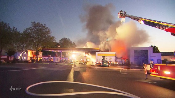 Die Löscharbeiten der Feuerwehr bei dem Großbrand einer Tankstelle. © Screenshot 